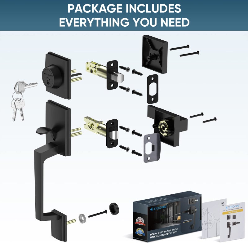 TICONN Front Door Handle Set  Heavy Duty Square Door Lever & Single Cylinder Deadbolt Combo Reversible for Entrance Exterior Doors (Matte Black) - Image 3